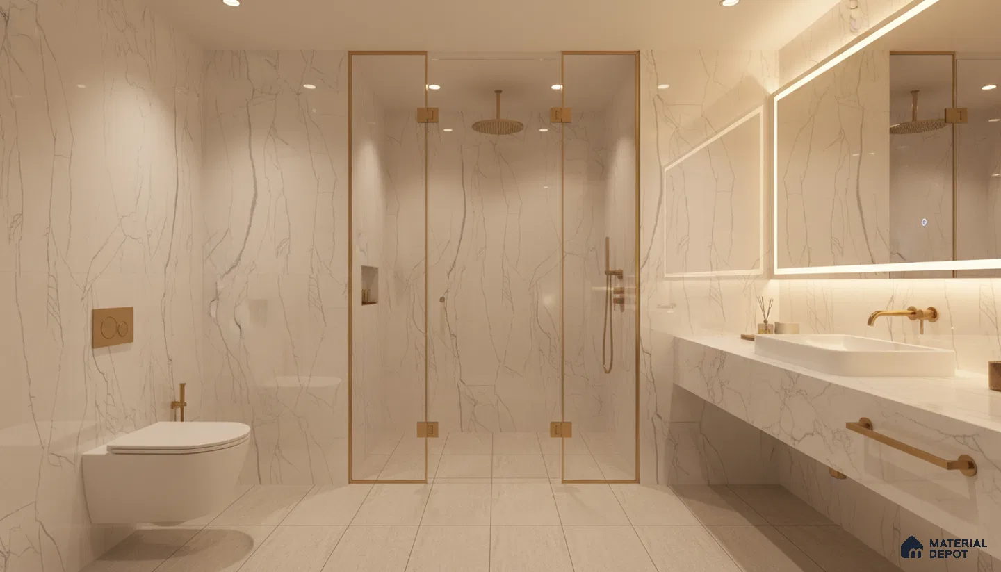 Modern bathroom with white marble-look wall tiles, gold accents, and floating marble vanity | Material Depot