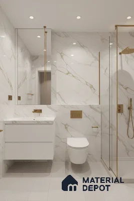 Modern bathroom with white marble-look wall tiles, gold accents, and matte white floor tiles | Material Depot