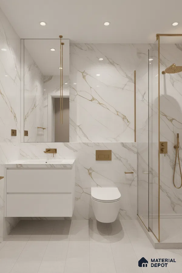 Modern bathroom with white marble-look wall tiles, gold accents, and matte white floor tiles | Material Depot