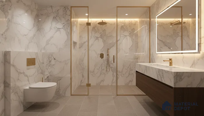 Modern bathroom with white marble-look wall tiles, gold accents, and wood vanity | Material Depot