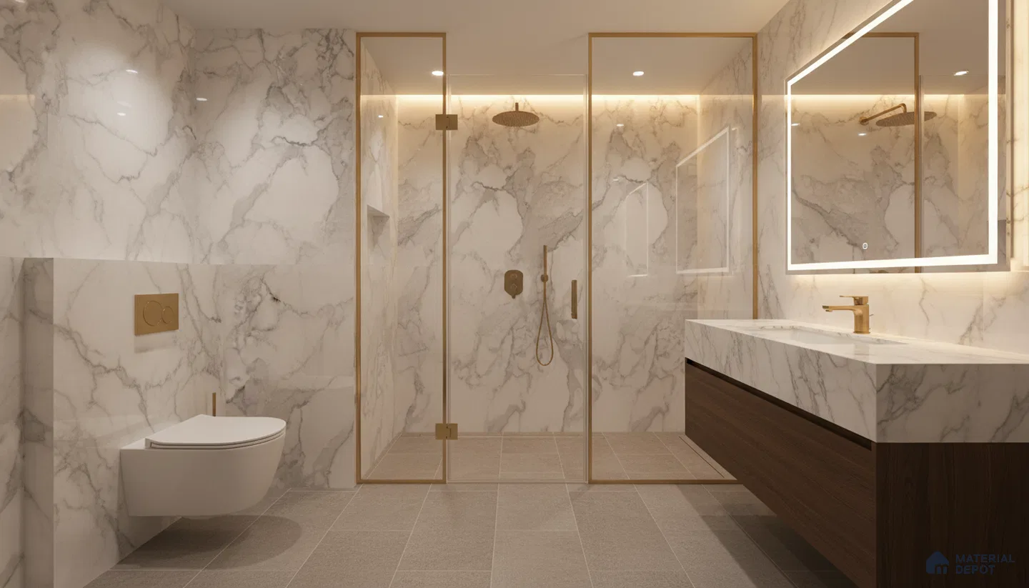 Modern bathroom with white marble-look wall tiles, gold accents, and wood vanity | Material Depot