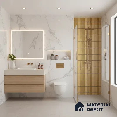 Modern bathroom with white marble-look wall tiles, gold kitkat shower tiles, and light wood floating vanity | Material Depot