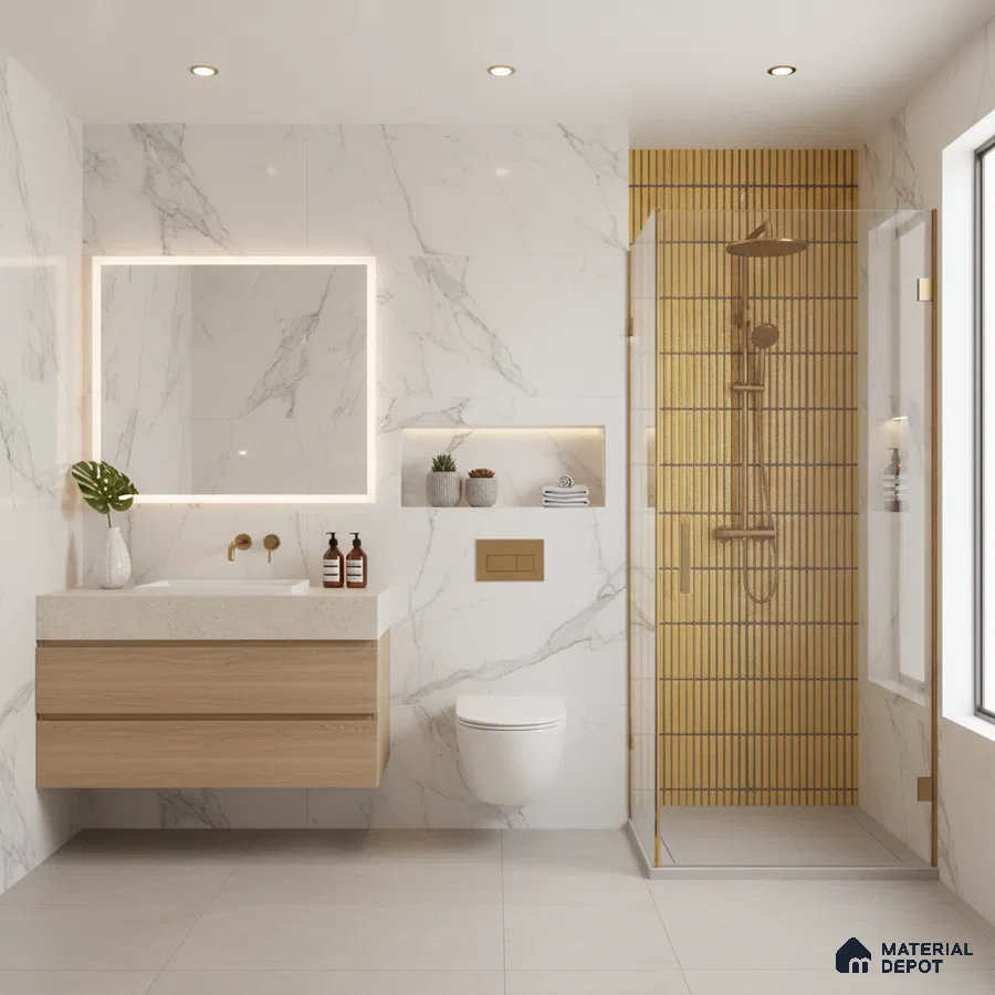 Modern bathroom with white marble-look wall tiles, gold kitkat shower tiles, and light wood floating vanity | Material Depot