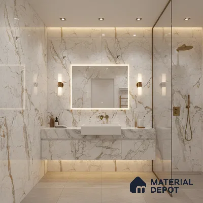 Modern bathroom with white marble-look wall tiles, gold veins, and floating vanity | Material Depot