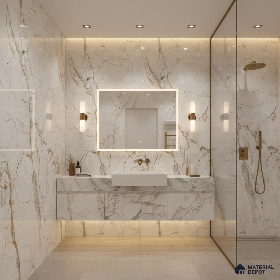 Modern bathroom with white marble-look wall tiles, gold veins, and floating vanity | Material Depot