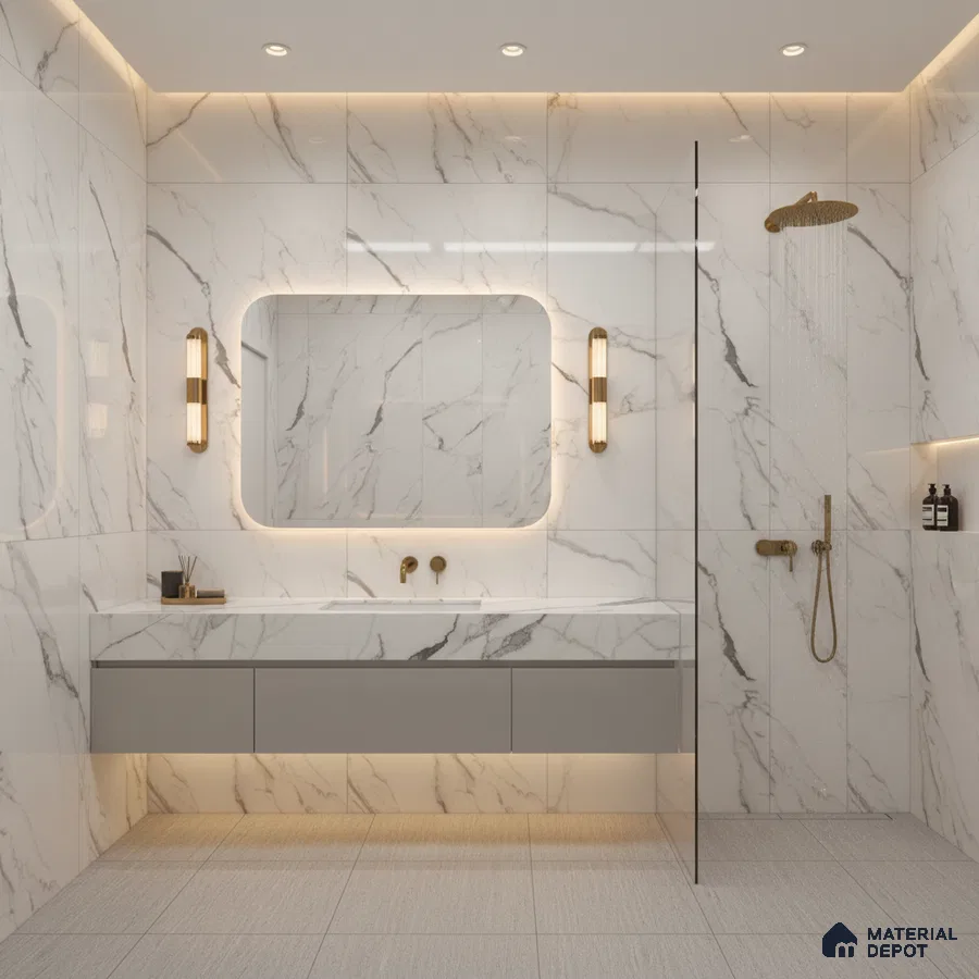 Modern bathroom with white marble-look wall tiles, grey floating vanity, and gold fixtures | Material Depot
