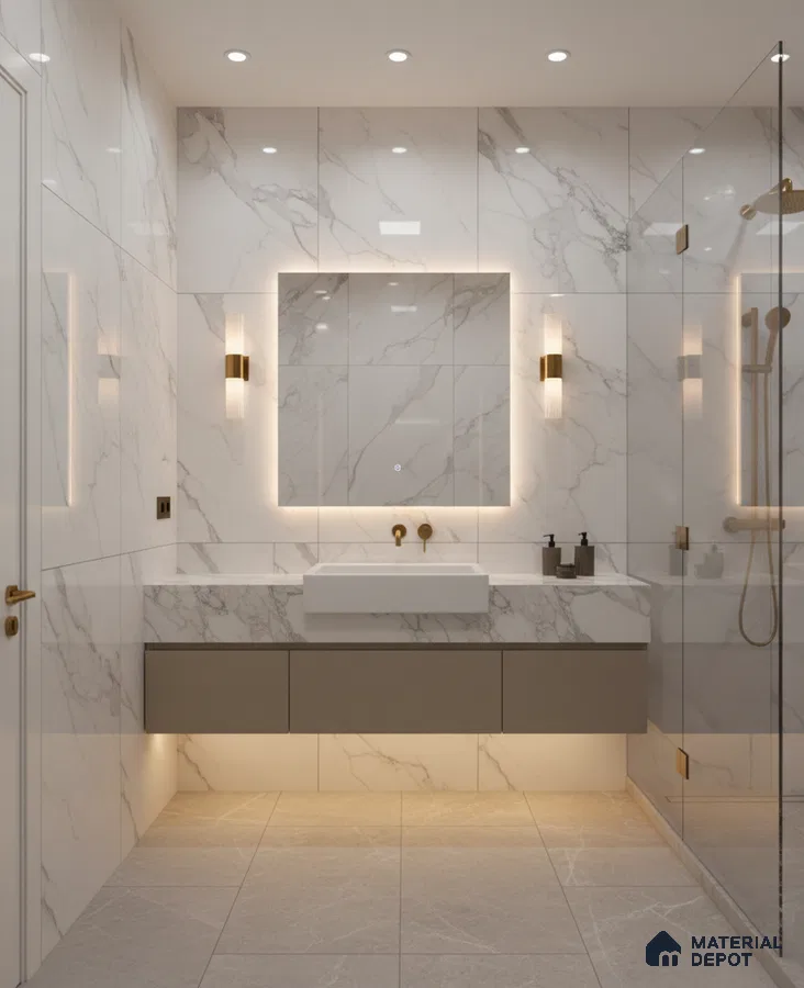 Modern bathroom with white marble-look wall tiles, grey floor tiles, and floating vanity | Material Depot