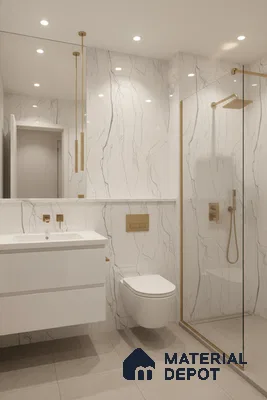 Modern bathroom with white marble-look wall tiles, matte beige floor tiles, and gold accents | Material Depot