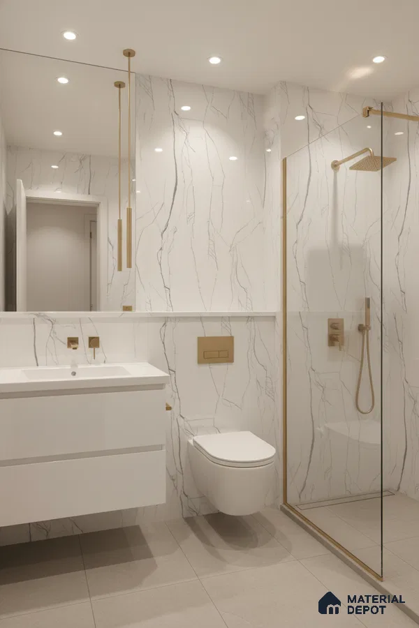 Modern bathroom with white marble-look wall tiles, matte beige floor tiles, and gold accents | Material Depot