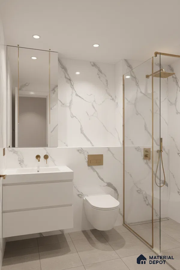 Modern bathroom with white marble-look wall tiles, matte beige floor tiles, and gold fixtures | Material Depot