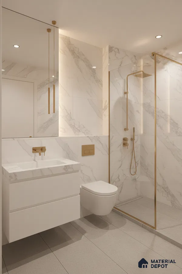 Modern bathroom with white marble-look wall tiles, matte grey floor tiles, and gold accents | Material Depot