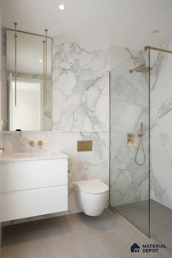 Modern bathroom with white marble-look wall tiles, matte grey floor tiles, and gold accents | Material Depot