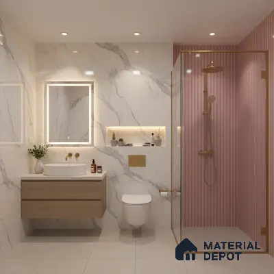 Modern bathroom with white marble-look wall tiles, pink striped highlighter shower tiles, and light wood floating vanity | Material Depot