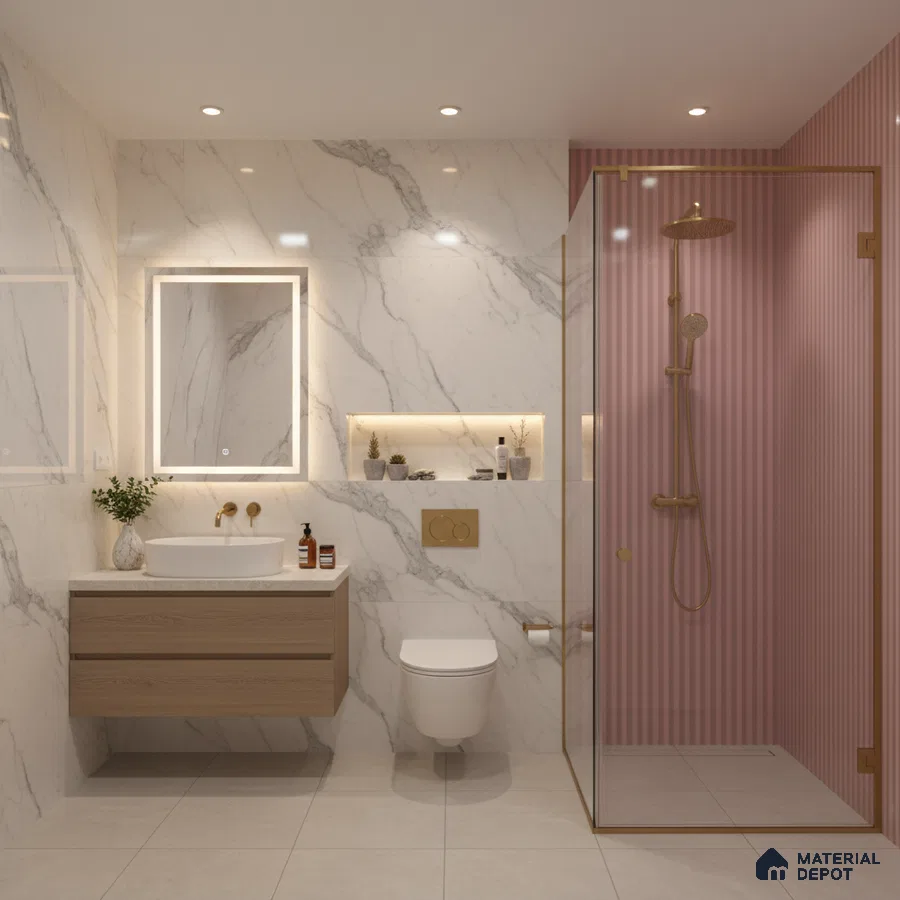 Modern bathroom with white marble-look wall tiles, pink striped highlighter shower tiles, and light wood floating vanity | Material Depot