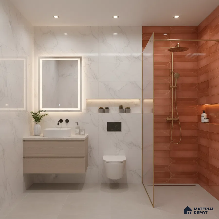 Modern bathroom with white marble-look wall tiles, terracotta highlighter shower tiles, and floating wood vanity | Material Depot