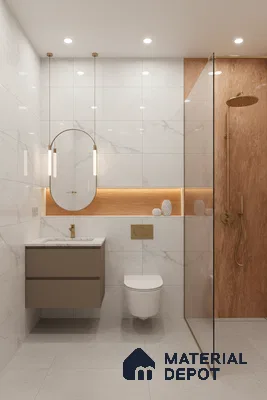 Modern bathroom with white marble-look wall tiles, terracotta stone shower wall, and taupe floating vanity | Material Depot