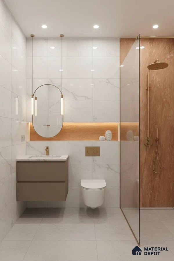Modern bathroom with white marble-look wall tiles, terracotta stone shower wall, and taupe floating vanity | Material Depot