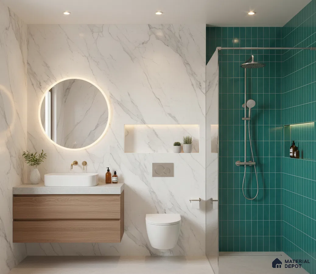 Modern bathroom with white marble-look wall tiles, turquoise kitkat shower tiles, and floating wood vanity | Material Depot
