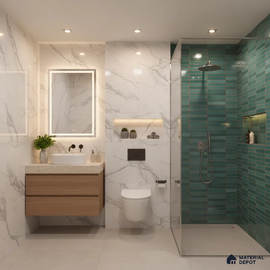 Modern bathroom with white marble-look wall tiles, turquoise kitkat subway shower tiles, and floating wood vanity | Material Depot