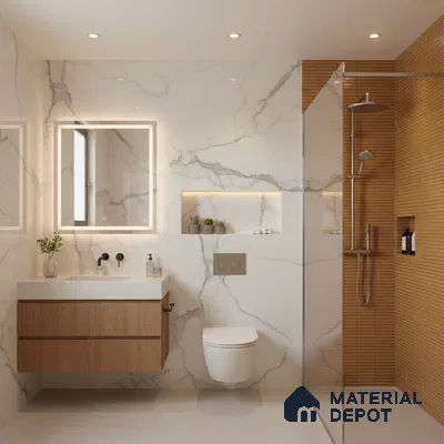Modern bathroom with white marble-look wall tiles, wood-look fluted shower wall tiles, and floating wood vanity | Material Depot