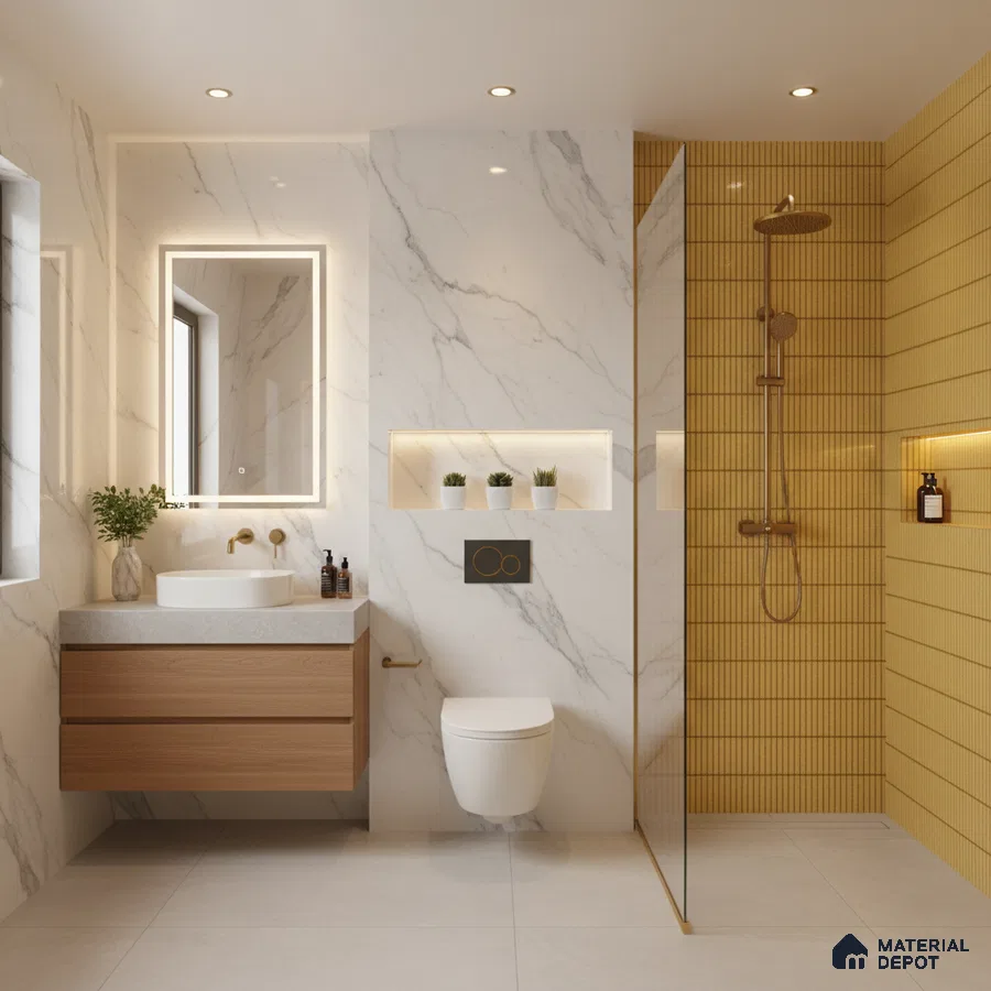 Modern bathroom with white marble-look wall tiles, yellow kitkat shower tiles, and floating wood vanity | Material Depot