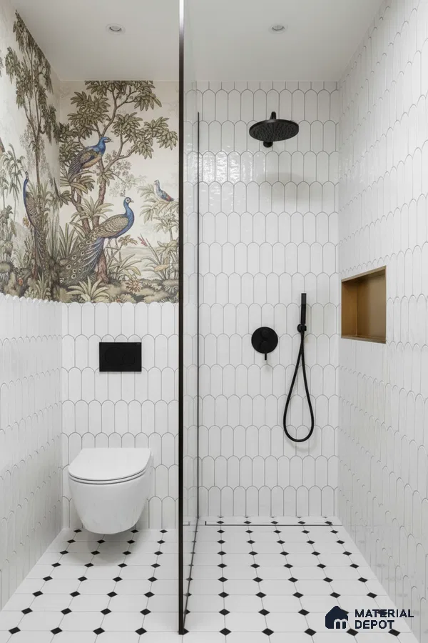 Modern bathroom with white scallop wall tiles, nature-themed highlighter tile, and black-and-white geometric floor tiles | Material Depot