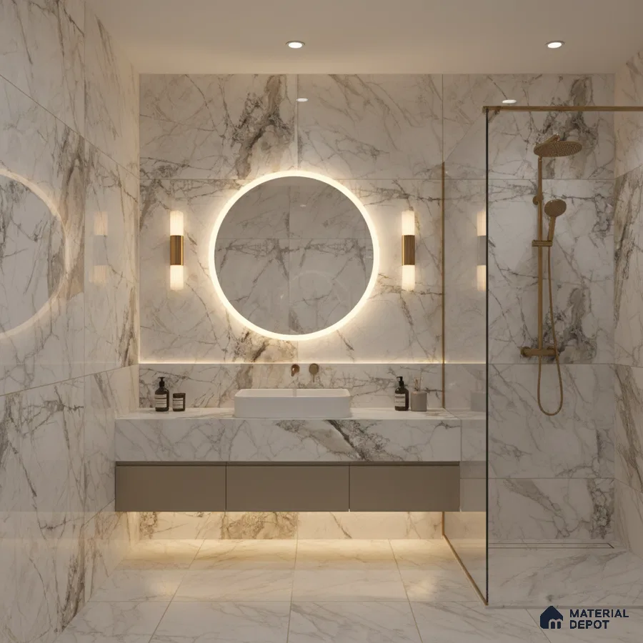 Modern bathroom with white statuario marble-look tiles and floating vanity | Material Depot