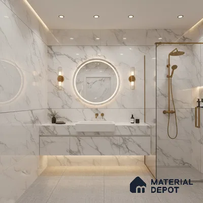 Modern bathroom with white statuario marble-look wall tiles and floating vanity | Material Depot