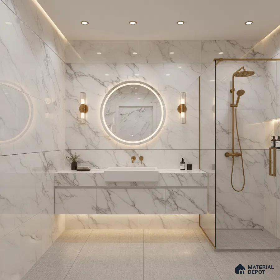 Modern bathroom with white statuario marble-look wall tiles and floating vanity | Material Depot
