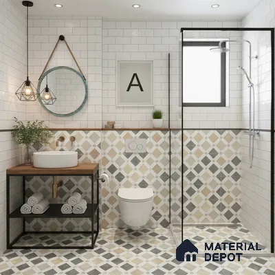 Modern bathroom with white subway wall tiles and beige-grey geometric patterned floor and wall tiles in Bengaluru | Material Depot