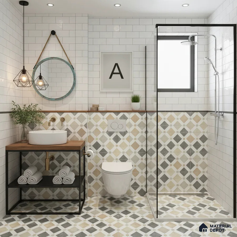 Modern bathroom with white subway wall tiles and beige-grey geometric patterned floor and wall tiles in Bengaluru | Material Depot