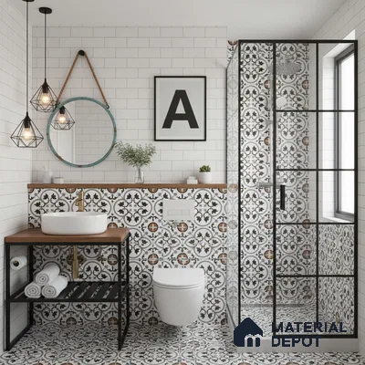 Modern bathroom with white subway wall tiles and black-and-brown patterned moroccan floor and shower tiles in Bengaluru | Material Depot