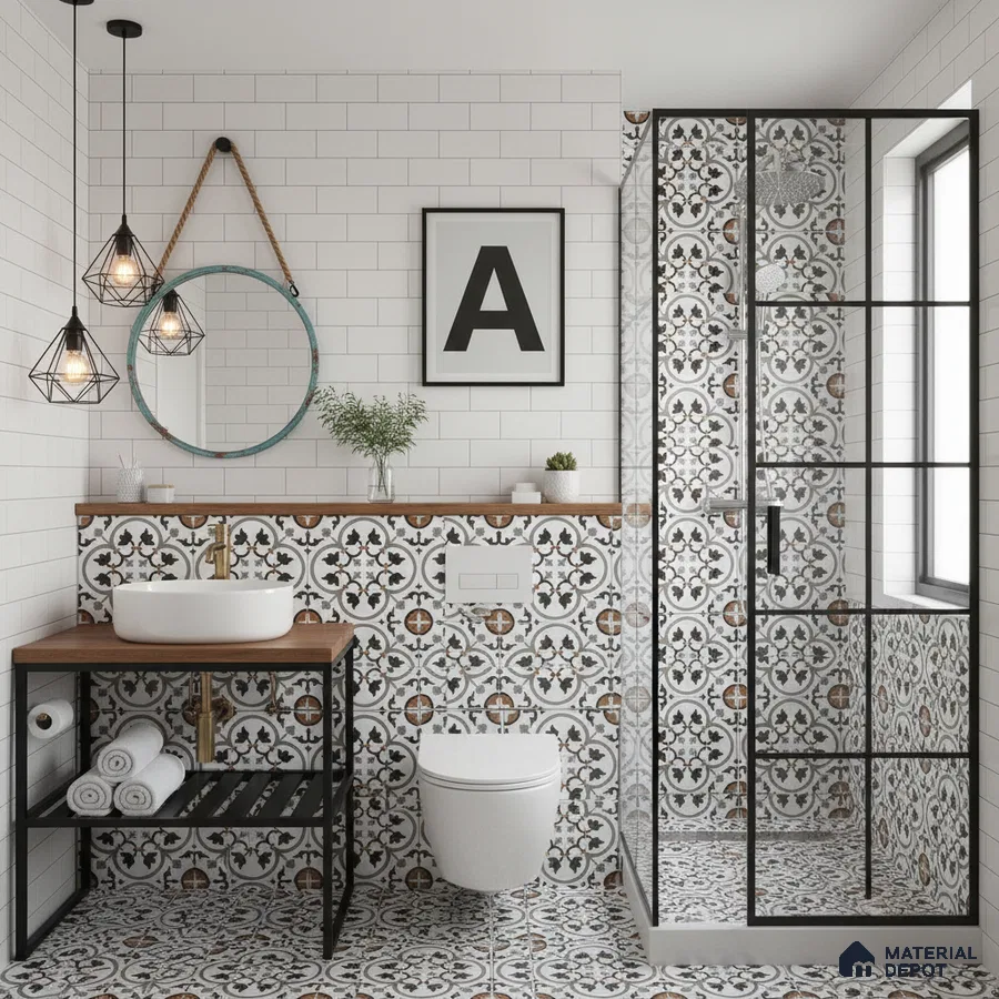 Modern bathroom with white subway wall tiles and black-and-brown patterned moroccan floor and shower tiles in Bengaluru | Material Depot