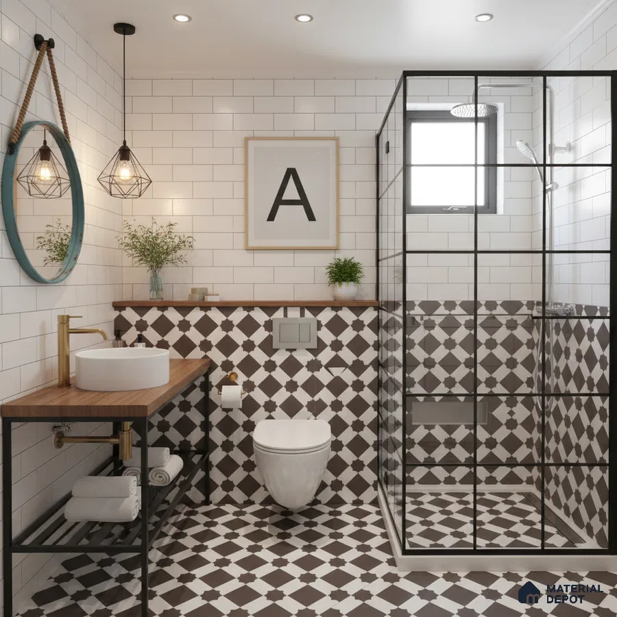 Modern bathroom with white subway wall tiles and black-and-white geometric patterned floor tiles in Bengaluru | Material Depot