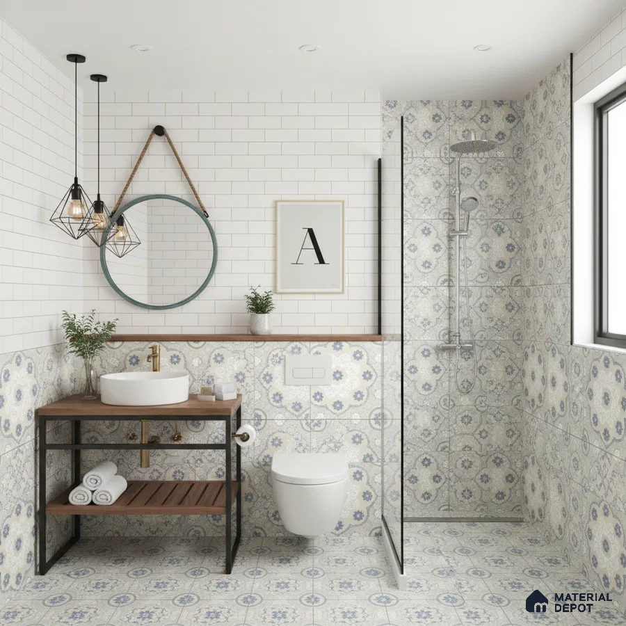 Modern bathroom with white subway wall tiles and blue patterned moroccan floor and wall tiles in Bengaluru | Material Depot