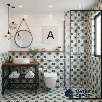 Modern bathroom with white subway wall tiles and blue-green geometric moroccan patterned floor and shower tiles in Bengaluru | Material Depot