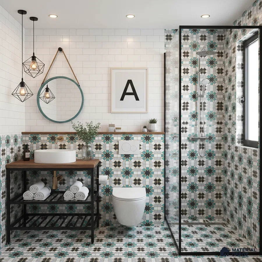 Modern bathroom with white subway wall tiles and blue-green geometric moroccan patterned floor and shower tiles in Bengaluru | Material Depot