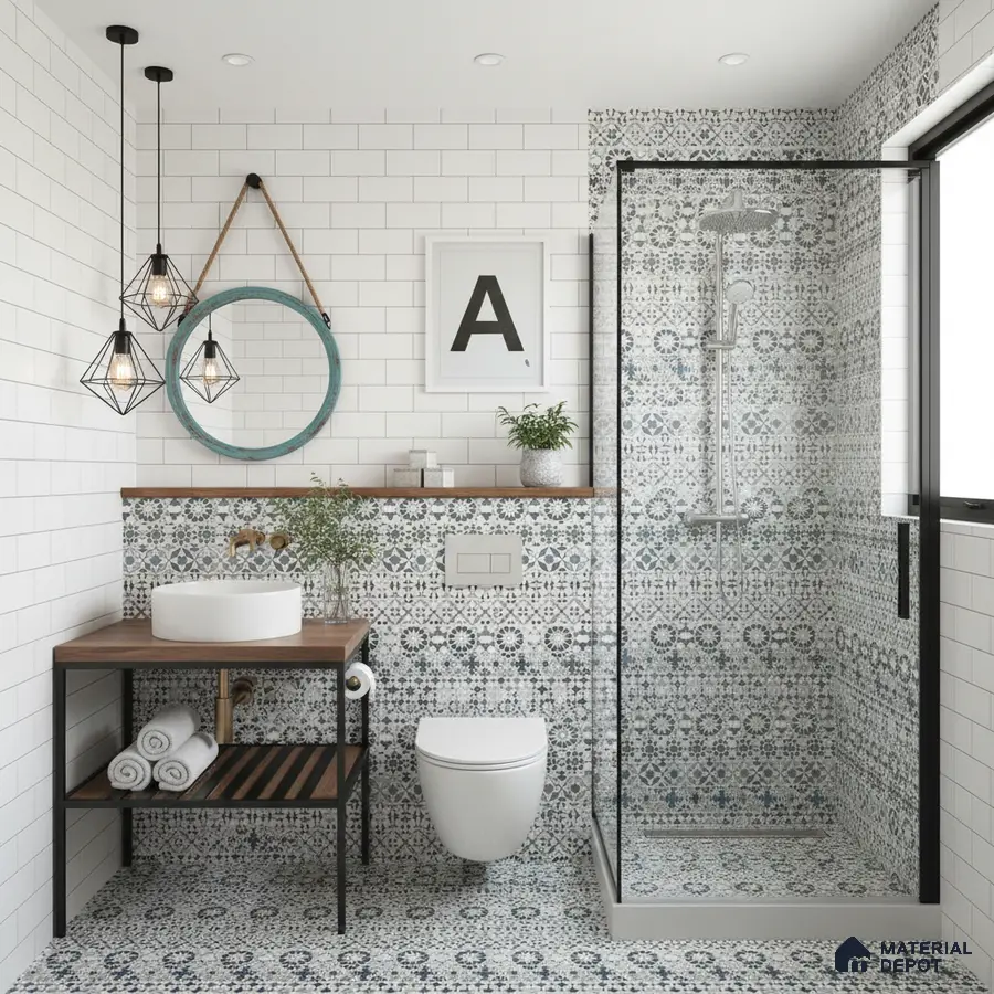 Modern bathroom with white subway wall tiles and blue-grey patterned moroccan floor and shower tiles in Bengaluru | Material Depot