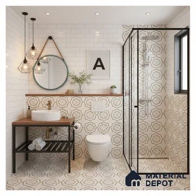 Modern bathroom with white subway wall tiles and geometric patterned floor and shower tiles in Bengaluru | Material Depot