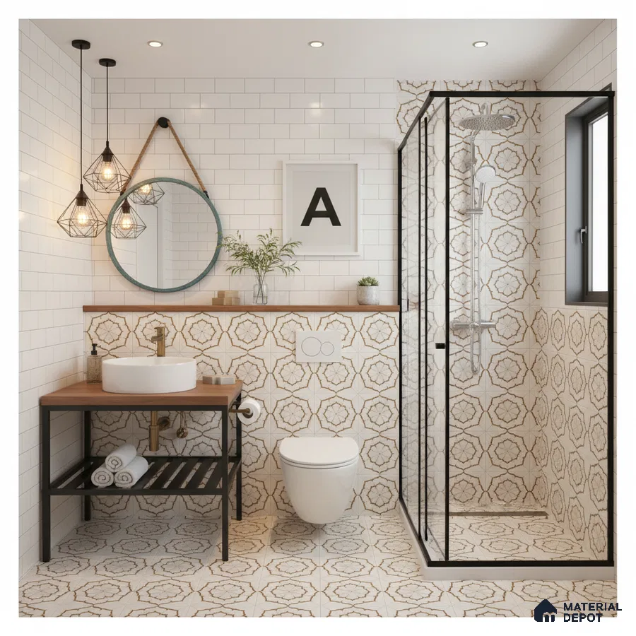 Modern bathroom with white subway wall tiles and geometric patterned floor and shower tiles in Bengaluru | Material Depot