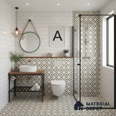 Modern bathroom with white subway wall tiles and geometric patterned floor and shower tiles in Bengaluru | Material Depot