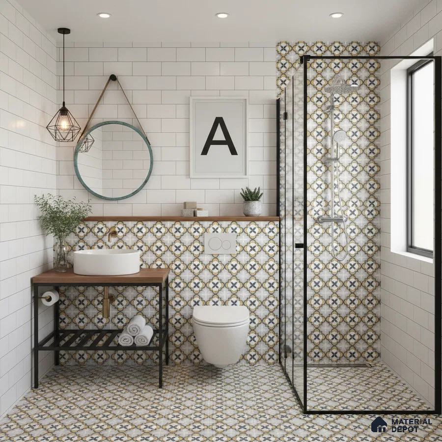 Modern bathroom with white subway wall tiles and geometric patterned floor and shower tiles in Bengaluru | Material Depot