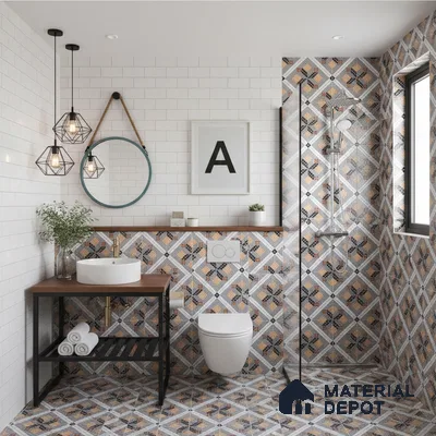 Modern bathroom with white subway wall tiles and geometric patterned floor and wall tiles in Bengaluru | Material Depot