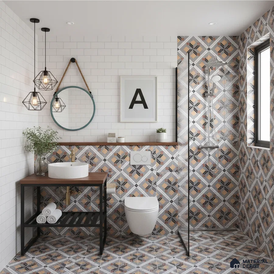 Modern bathroom with white subway wall tiles and geometric patterned floor and wall tiles in Bengaluru | Material Depot