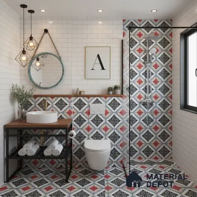 Modern bathroom with white subway wall tiles and red-black geometric patterned floor and shower tiles in Bengaluru | Material Depot