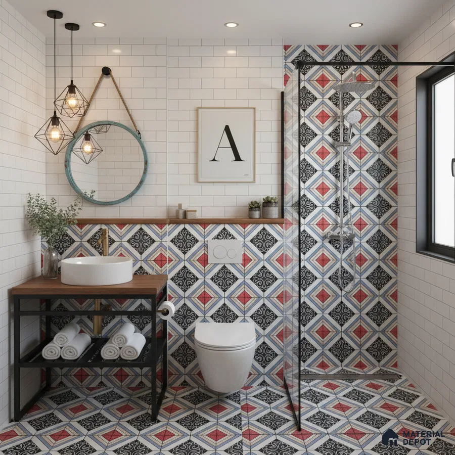 Modern bathroom with white subway wall tiles and red-black geometric patterned floor and shower tiles in Bengaluru | Material Depot