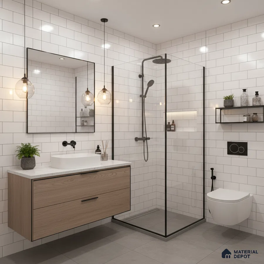 Modern bathroom with white subway wall tiles, light oak laminate vanity, and grey floor tiles | Material Depot