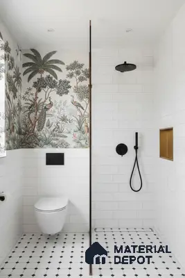 Modern bathroom with white subway wall tiles, tropical highlighter tile, and black-and-white geometric floor tiles | Material Depot