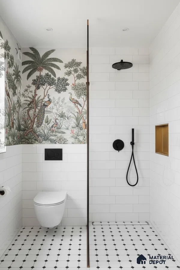 Modern bathroom with white subway wall tiles, tropical highlighter tile, and black-and-white geometric floor tiles | Material Depot