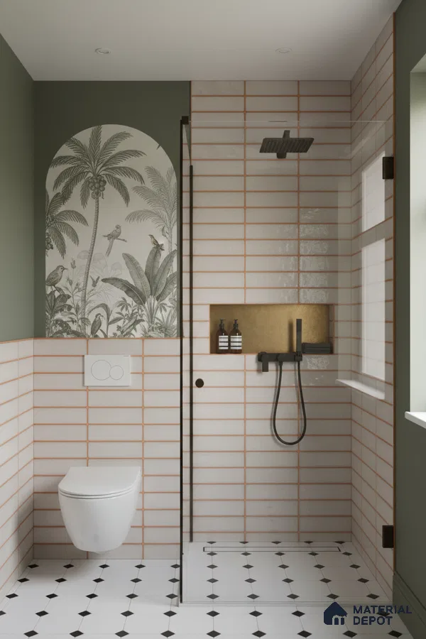 Modern bathroom with white subway wall tiles, tropical wallpaper accent, and black-and-white geometric floor tiles | Material Depot